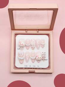 ROMWE Kawaii 10 stuks handgemaakte schattige opdrukbare nagels in konijnenstijl + 3 stuks dubbelzijdige kleefstof, Y2K French Manicure Bowknot geverfde nagelstickers, hoogwaardige patchwork nagelkunst, geschikt voor festivals, feesten, dansen en dagelijks gebruik (sieradendoosverpakking)