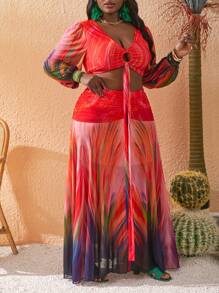 Slaydiva Conjunto de 2 piezas de talla grande para mujer con falda midi de dobladillo con volantes y cuello en V Drapeado, adecuado para vacaciones