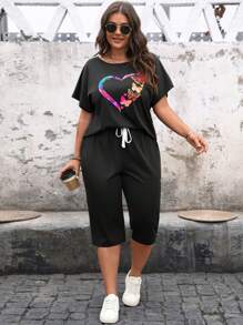 SHEIN LUNE 2pcs/Set Plus Size Heart,Rose Print Black Short Sleeve Top & Elastic Waist Pants,Summer Everyday Smart Casual Boho Lounge Outfits For Women - Black - View 5