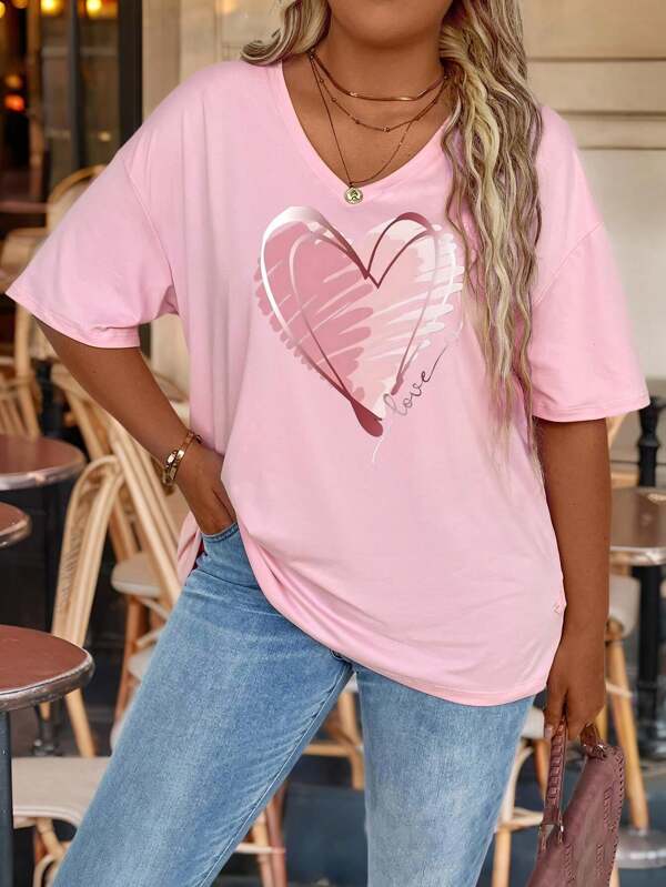 SHEIN LUNE Valentine's Day Short Sleeved T-Shirt, V-Neck T-Shirt With Heart-Shaped Pattern, Suitable For Spring And Summer, Women's Clothing