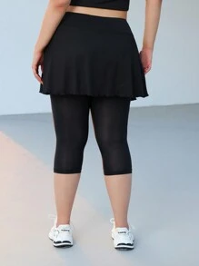 SHEIN EZwear Plus Size Black Running Skirt With Built-In Pockets, Leggings