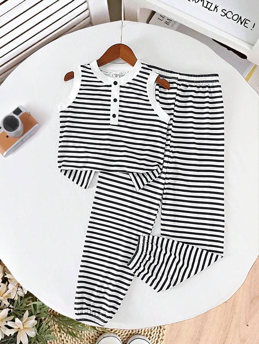 青少年女孩休闲条纹无袖 T 恤和松紧腰条纹直筒裤夏季两件套，舒适
