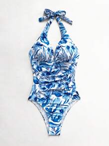 SHEIN VCAY Bộ đồ bơi một mảnh thời trang tối giản dành cho nữ mặc hàng ngày khi đi nghỉ ở bãi biển mùa hè - Xanh và trắng - Xem 3