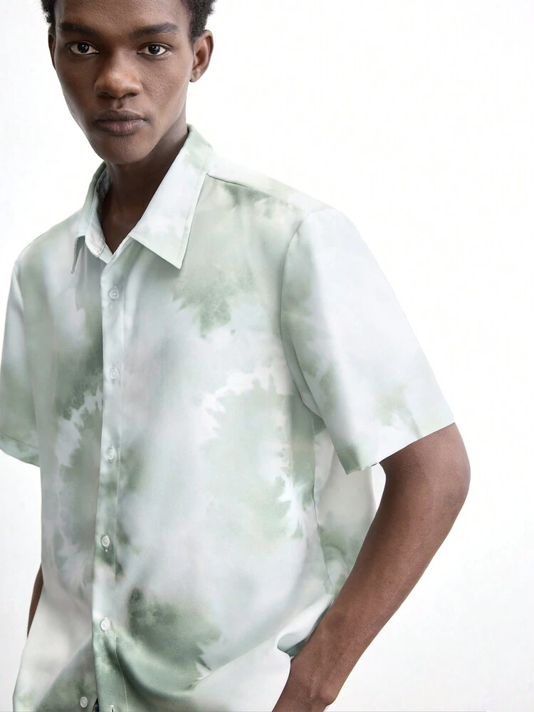 SHEIN Maija Men's Spring 2025 New Ink Gradient Lapel Design Daily Casual Fashion Simple Short Sleeve Single-Breasted Shirt, Suitable For Outing, Holiday, Valentine's Day, Date