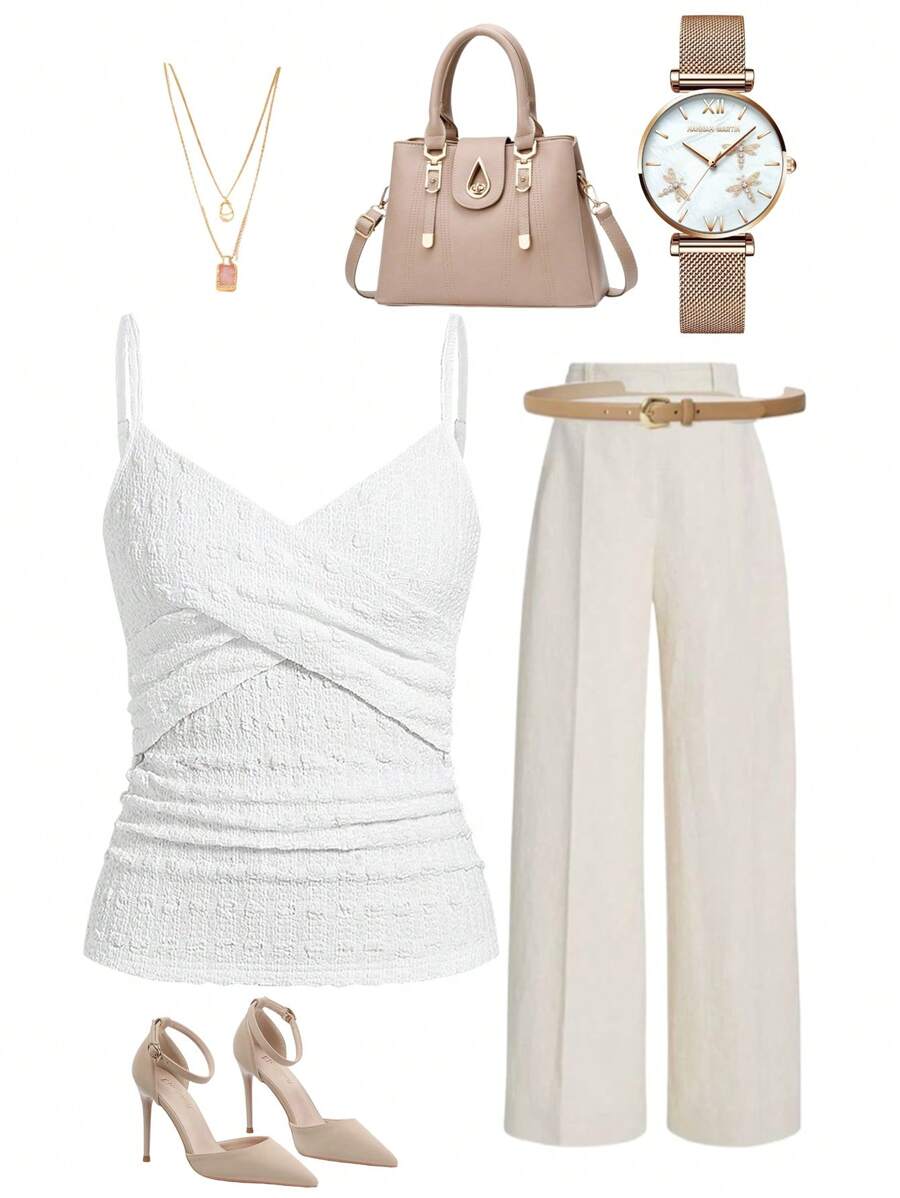Gownix Women's Solid Color Spaghetti Strap Simple Camisole Top, Casual Everyday Wear,Going Out Tops,Vacation - White - View 1