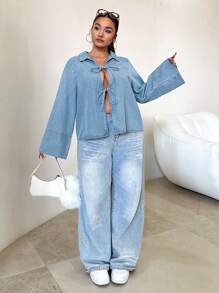 SHEIN ICON Áo khoác denim cỡ lớn dài tay vừa vặn có nơ màu xanh lam Áo cánh nữ Váy mùa thu cho nữ Áo sơ mi nữ Áo sơ mi nữ Lễ Tạ ơn Áo sơ mi Áo cánh nữ Áo sơ mi Lễ Tạ ơn Áo sơ mi nữ Áo sơ mi Giáng sinh Áo sơ mi nữ Áo sơ mi Giáng sinh Áo sơ mi Lễ Tạ ơn Áo khoác Jeans xanh - Rửa nhẹ - Xem 3