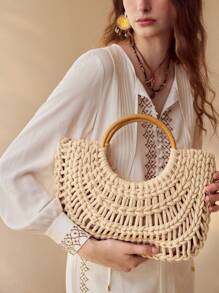MOTF PREMIUM 时尚度假编织手提包 - 米色 - 查看 1