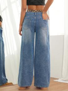 SHEIN PETITE Women's Casual Loose Fit Leopard Patchwork Wide Leg Jeans, Blue - Medium Wash - View 5