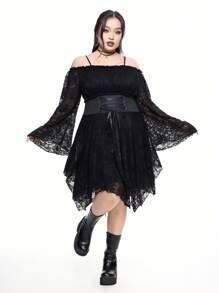 ROMWE Plus Size Elegant Gothic Waist Tie Decor Asymmetrical Hem Off Shoulder Lace Midi Dress - Black - View 2
