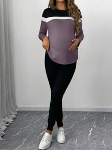 SHEIN 2pcs Maternity Solid Patchwork Round Neck Long Sleeve Top And Pants Set, Minimalist - Dusty Purple - View 3