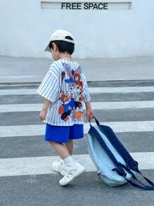 SHEIN 2pcs/Set Young Boys Casual Street Cute Resort Cartoon Animal Group Graphic Loose Round Neck Short Sleeve White & Blue Striped T-Shirt And Blue Shorts Outfit, Suitable For Spring/Summer - Multicolor - View 5