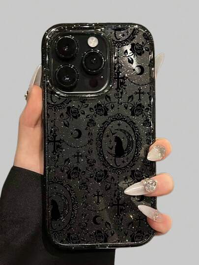 Goth 1 pezzo Custodia telefonica nera trasparente con glitter, con disegni vintage di stella, luna, gatto, rosa e croce