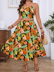 Breezaya Set de 2 piezas talla grande de top de tirantes y minifalda con estampado tropical de plantas, ropa de resort