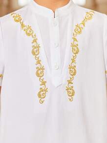 2 件装年轻男童休闲传统组合优雅几何图案短袖长袖衬衫和裤子套装带刺绣 - 白色 - 查看 4