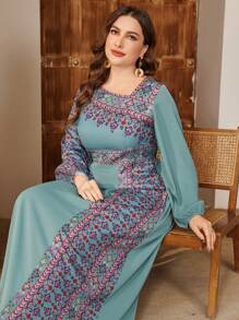 Al Najma Plus Size Asymmetrical Print Design Arabic Style Dress,Modest - Mint Green - View 6
