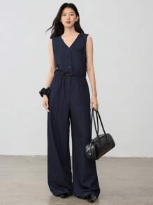 Dazy-Less Combinaison ample en couleur unie avec taille cintrée et jambes droites, casual pour femmes. Combinaison casual pour femmes