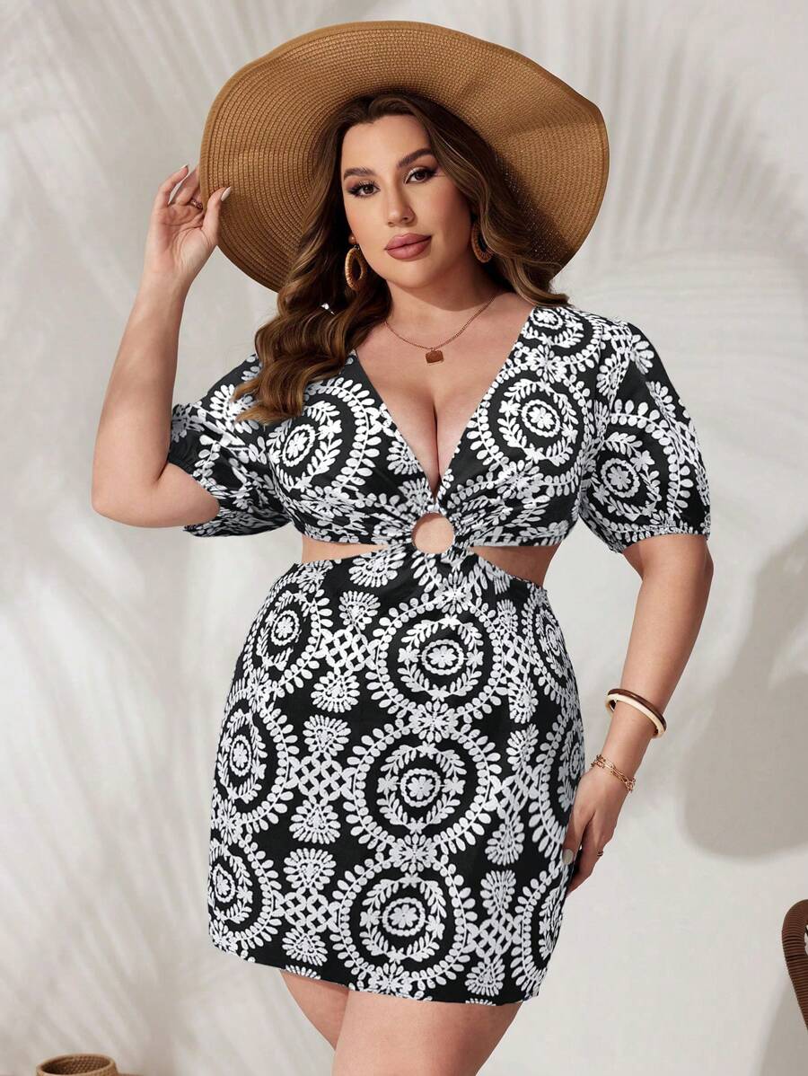 SHEIN VCAY Plus Size Boho Deep V-Neck High-Waist Cut Out Summer Dress - Black - View 1