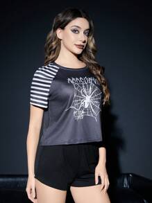 ROMWE Grunge Punk Punk Spider Print Striped Raglan Sleeve Shorts Pajama Set - Black - View 3