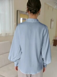 DAZY Women's Solid Color Front Button Long Sleeve Casual Business Blouse,Fall Clothes - Blue - View 2