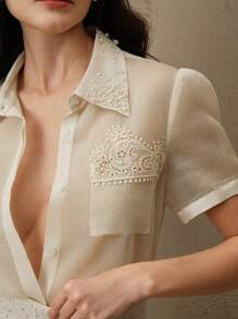 Anewsta Cămașă elegantă cu mânecă scurtă, cu guler împânzit, cu volane - Caisă - Vizualizare 2