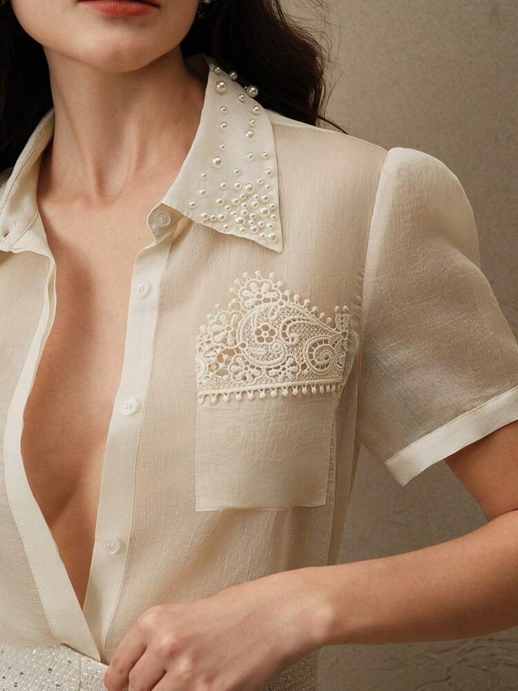 Elegant Summer Studded Collar Ruffle Trim Sheer Short Sleeve Shirt