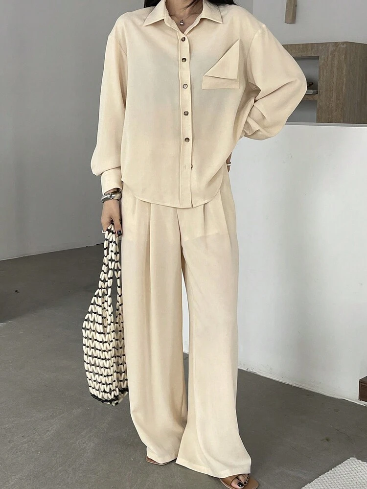 2pcs/Set Women Solid Color Loose Shirt & Wide Leg Pants,Fall Women Clothes Lounge Sets For Women