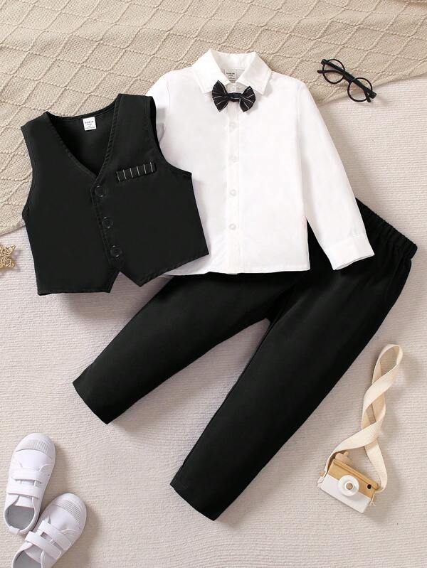 Souflis Souflis 3pcs Young Boy Outfit Set: White Shirt, Navy Blue Vest, Navy Blue Elastic Waist Pants, Gentleman Suit Fit For Birthday Party, Formal Event, Wedding, Christening, Halloween, Christmas, Thanksgiving, Performance Clothing, Autumn/Winter
