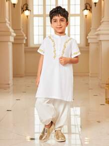 2 件装年轻男童休闲传统组合优雅几何图案短袖长袖衬衫和裤子套装带刺绣 - 白色 - 查看 3