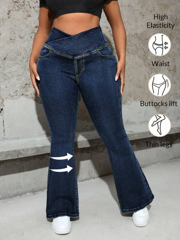 SHEIN ICON Plus Size Elastic Skinny Flared Jeans, Cross Waistband, Blue