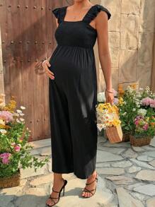 SHEIN Sleeveless Maternity Jumpsuit With Frill Trim - Black - View 5