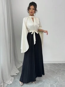 Elenzga Mono elegante y romántico de mujer con cuello triangular, de crepe con bloques de color y calado