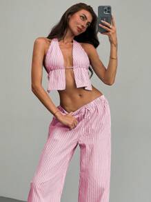 Aloruh 2pcs Set Young Lady Commuter Simple Neck Tie Slit Striped Vest + Low Waist Striped Maxi Pants - Red and White - View 8