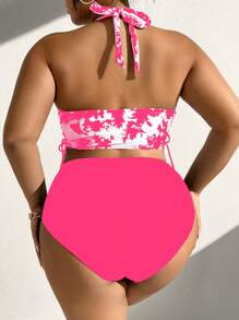 Slaydiva Plus Size Tie-Dye Print Halter Neck Top And Solid Color Triangle Bikini Set Bottom Bikini Set, High Waisted Swimwear Bathing Suit Beach Outfit Summer Vacation,Summer Beach