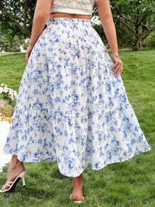 SHEIN MOOSTA Plus Size Layered Patchwork A-Line Long Skirt, Casual Elegant Holiday Style, Blue & White - Blue and White - View 2