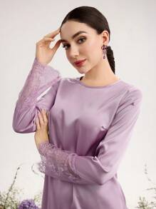 Graceveil Women's Solid Color Contrast Lace Long Sleeve Top And Mini Skirt Arabic Style Set - Purple - View 6