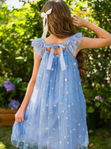 Wildeya Tween-Mädchen Ärmelloses Kleid, elegantes, wunderschönes, süßes Netzvolant-Kleid mit bunten Schmetterlingen, blau, geeignet für Sommer und Frühling, geeignet für Partys und Feiertage