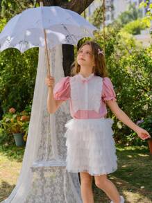 SHEIN 2 buc ținută pentru fete interioare, bluză roz cu mâneci bufante și fustă albă din tul din plasă, primăvară/vară - Multicolor - Vizualizare 7