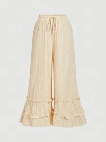 SHEIN MOD 杏色裹胸上衣、荷叶边松紧腰阔腿裤、大码度假套装