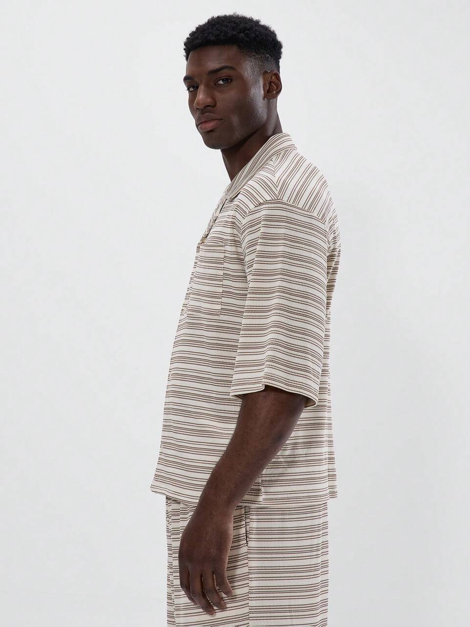 Contrast Striped Revere Collar Shirt Quarter Short Sleeve Drop Shoulder Button Through Co Ord Top Only Spring Summer Essentials
