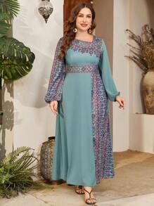 Al Najma Plus Size Asymmetrical Print Design Arabic Style Dress,Modest - Mint Green - View 4