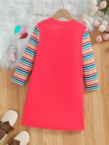1 Pc Girls Casual Cute Cat Print Contrast Color Striped Long Sleeve Dress, Suitable For Adorable Girls In Spring - Red - View 2