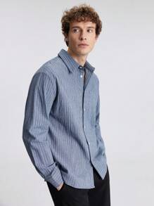 Ontre 男式前扣长袖口袋条纹休闲衬衫 - 藍色 - 查看 5