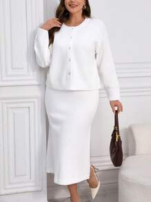 INAWLY Plus Size Women Solid Color Drop Shoulder Long Sleeve Knitted Cardigan And Knit Skirt Set, Autumn/Winter - White - View 3