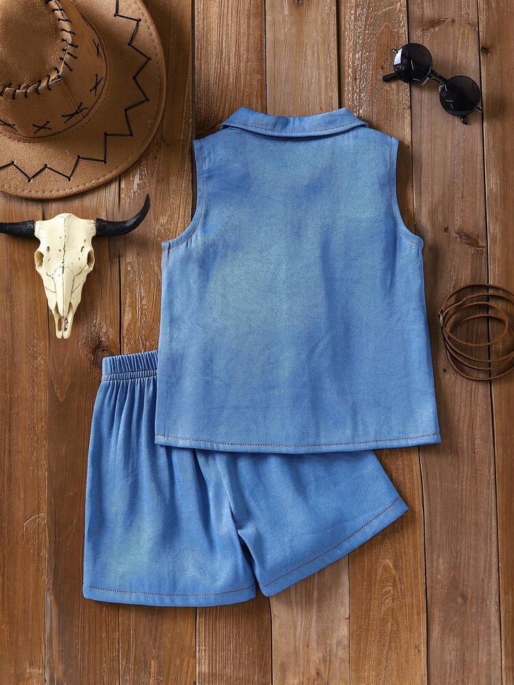 SHEIN 男童两件套，时尚休闲舒适蓝色工装上衣搭配蓝色裤子，适合户外活动和日常穿着，春夏款。 - 藍色 - 查看 2