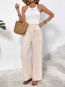 SHEIN Frenchy Women's Solid Color Cotton Frill Trim Waist Tie Utility Pocket Crepe Texture Casual Pants, Sweat-Absorbent And Breathable Spring, Summer Pants, For Daily Wear, French Holiday Winter - Apricot - View 7