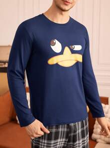 Happy Jammies Camiseta de pijama casual simple de cuello redondo y manga larga estampada para hombres
