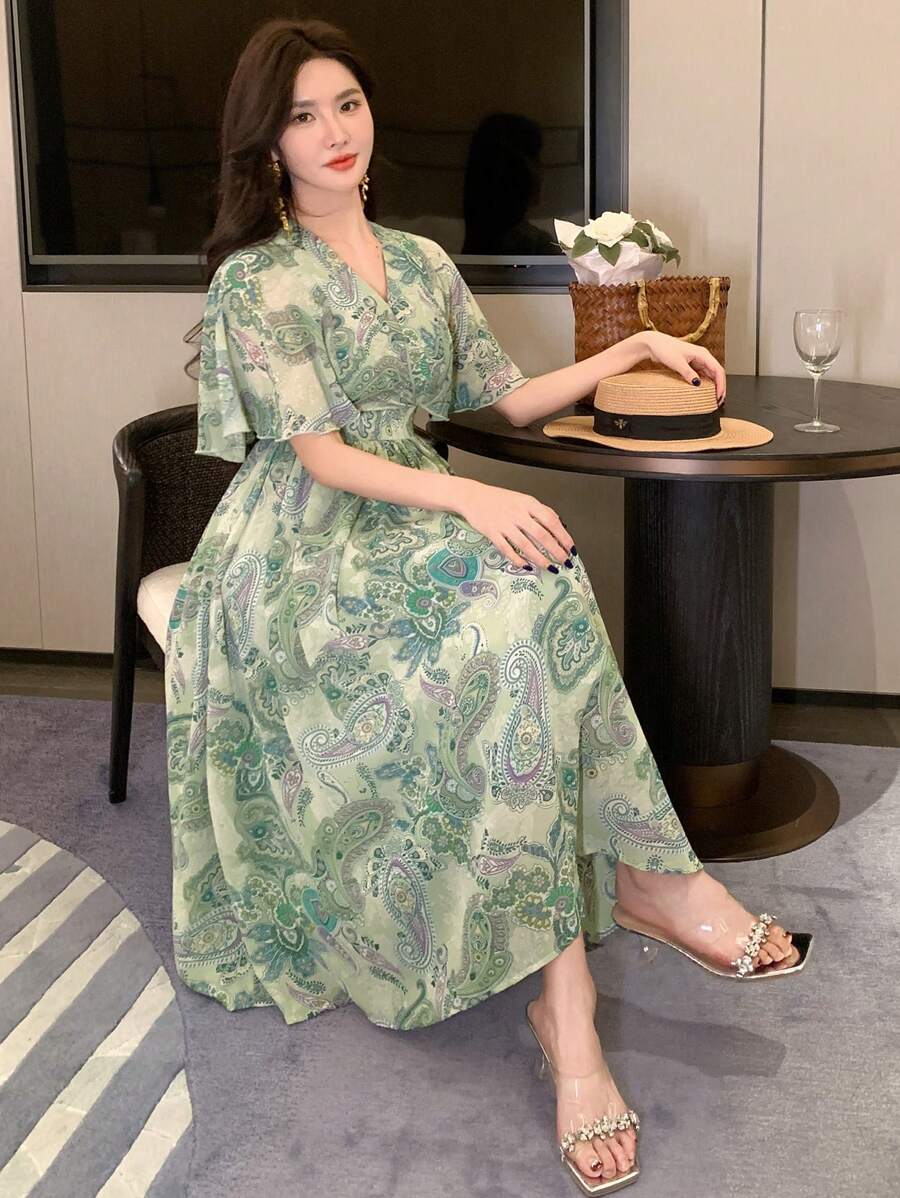 DAZY Women's V-Neck Floral Ruffle Trim Long Sleeve Midi Dress Sundress Vacation Outfits Women Easter - Green - View 1