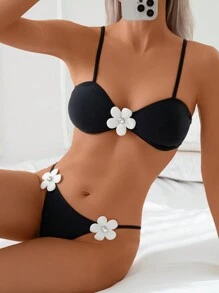 SHEIN Swim Nuevo conjunto de bikini clásico en blanco y negro con estampado floral, atuendo de playa de verano para mujeres - Negro - Ver 1