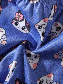 Baby Girls Casual And Loose Versatile Elastic Waist Cute Cat Graphic Blue Denim Effect Flared Pants, Suitable For Spring, Fall,Winter - Blue - View 7