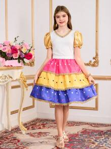 SHEIN Set de 2 piezas de blusa de manga corta y falda mini de unicolor para niñas preadolescentes - Multicolor - Ver 1